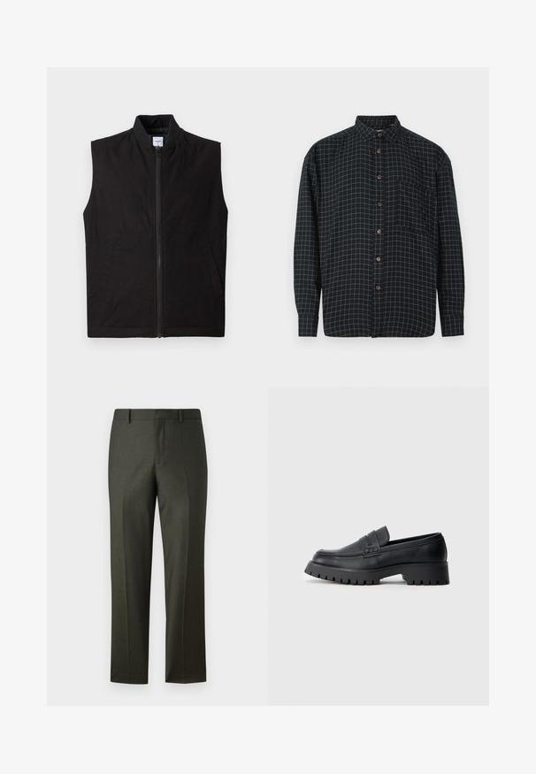 Sort ærmeløs vest lavet af tekstureret stof, med en frontlynlås, høj krave og to sidelommer. Enkel og funktionel design.; Sort langærmet skjorte med knapper og hvidt rutenetmønster, brystlomme og brune knapper på hvid baggrund.; Mørkegrønne skræddersyede bukser med en glat tekstur, lige pasform, bæltestropper og frynser foran. Ingen synlige lommer eller dekorationer.; Sorte læder loafers med en rund tå, prydet med en dekorativ rem og en kraftig gummisål med dybe riller for grip.