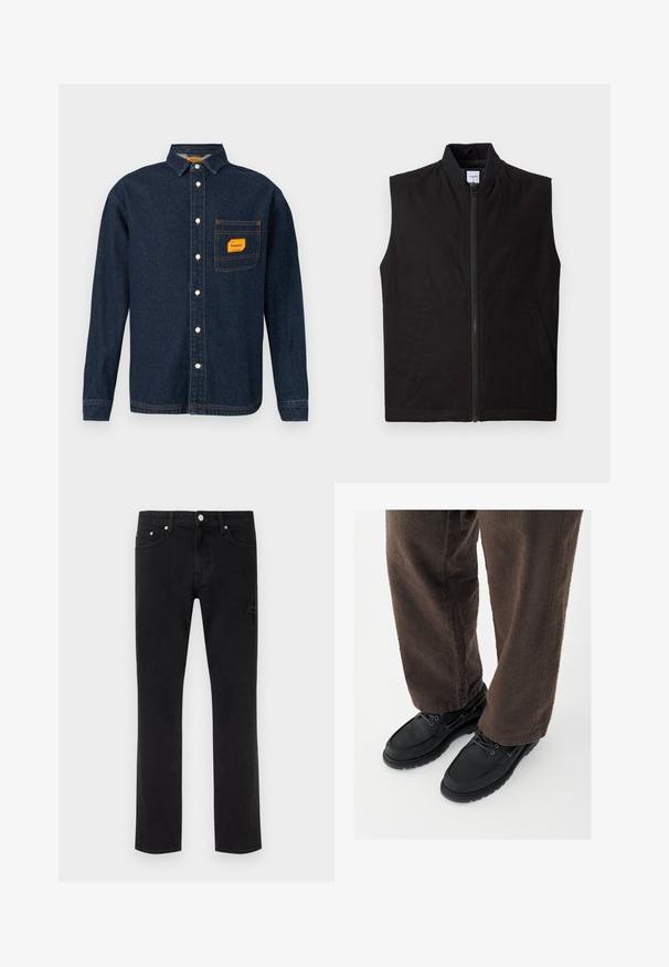 Sort ærmeløs vest lavet af tekstureret stof, med en frontlynlås, høj krave og to sidelommer. Enkel og funktionel design.; Mørkeblå denimskjorte med knap-ned krave, orange label på brystlommen og hvide knapper. Blød tekstur med kontrastsyninger.; Sorte jeans med lige ben, fem lommer og subtile slidte detaljer på en ensfarvet lys baggrund.; Sorte lædersko med glat finish, rundet tå og snøredesign, kombineret med teksturerede brune bukser. Set fra gulvniveau.