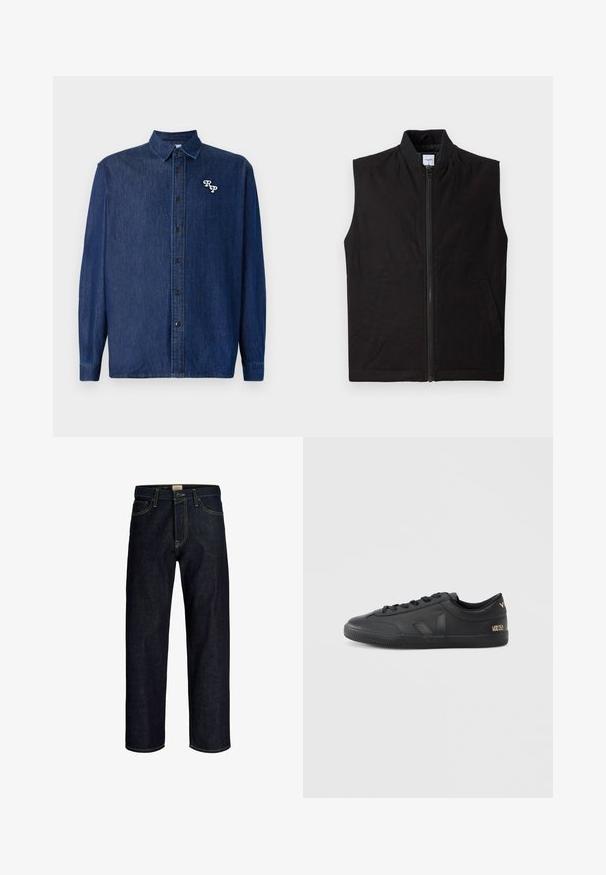 Sort ærmeløs vest lavet af tekstureret stof, med en frontlynlås, høj krave og to sidelommer. Enkel og funktionel design.; Mørkeblå denimskjorte med knappelukning foran, lange ærmer og spids krave. Har en hvid broderet "RP"-logo.; Mørkeblå jeans med lige ben, gul syning, frontknap og lynlås, samt design med fem lommer.; Sorte sneakers i læder med tekstureret overflade, rund tå, snørelukning og diskret branding på siden og hælen.