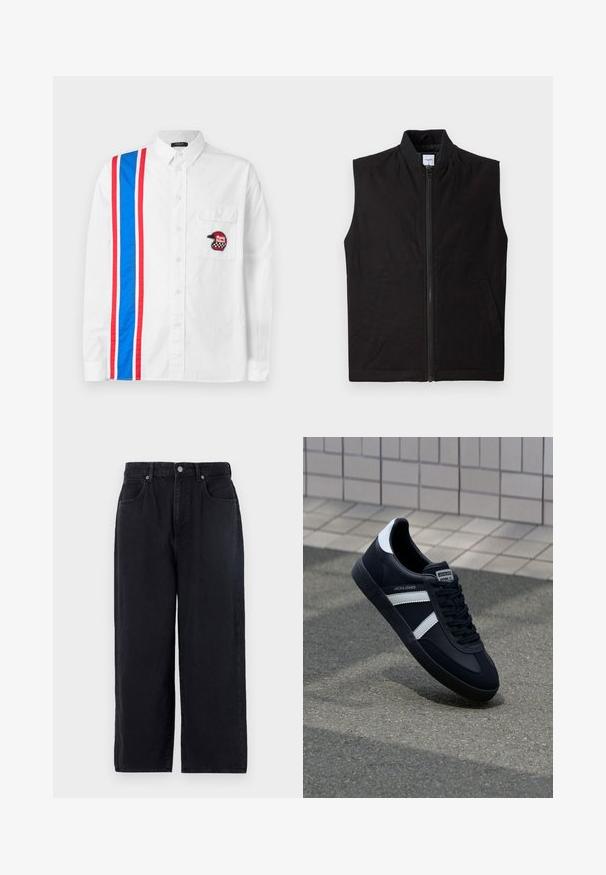Schwarze ärmellose Weste aus strukturiertem Stoff, mit einem frontalen Reißverschluss, hohem Kragen und zwei Seitentaschen. Einfaches und funktionales Design.; Weißes Button-up-Hemd mit einem blau-roten Streifenmuster auf einer Seite und einem schwarzen bestickten Helm-Patch auf der Brusttasche.; Schwarze Denim-Hosen mit geradem Bein, ausgestattet mit fünf Taschen, einem Knopfverschluss und einem schlichten Finish. Strapazierfähiger Stoff mit matter Textur.; Schwarze Leder-Sneaker mit weißen Streifen, strukturiertem Gummisohle und Schnürung. Verfügt über ein Markenetikett auf der Zunge.