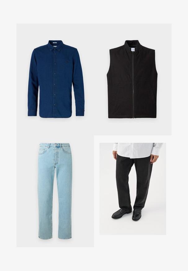 Chaleco negro sin mangas hecho de tela texturizada, con cremallera frontal, cuello alto y dos bolsillos laterales. Diseño simple y funcional.; Camisa azul oscuro de manga larga con botones, cuello abotonado y un logo bordado sutil en el pecho izquierdo.; Jeans de mezclilla azul claro con corte recto, que cuentan con cinco bolsillos, cremallera y un ligero desgaste en toda la tela.; Pantalones de mezclilla negros combinados con mocasines negros brillantes. La camisa es blanca con finas rayas verticales, de mangas largas y con cuello abotonado.