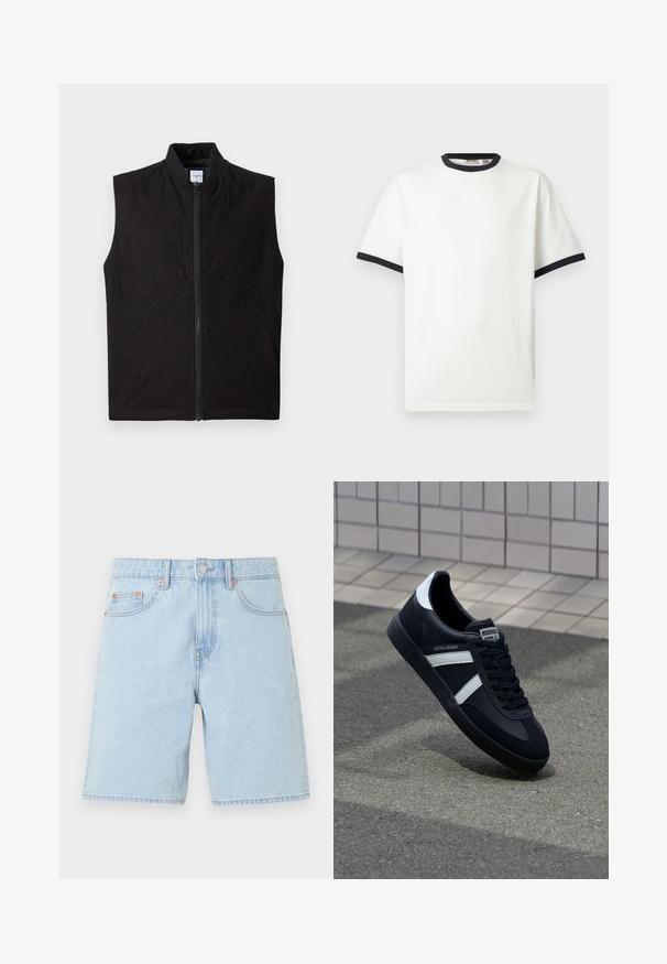 Gilet sans manches noir en tissu texturé, doté d'une fermeture éclair sur le devant, d'un col haut et de deux poches latérales. Design simple et fonctionnel.; T-shirt blanc à manches courtes avec bordure noire au col rond et aux poignets, présenté sur un fond uni gris clair.; Short en denim bleu clair avec poches avant, passants de ceinture, bouton en métal et fermeture éclair sur un fond blanc uni.; Sneaker en cuir noir avec des rayures blanches, semelle en caoutchouc texturée et devant à lacets. Présente une étiquette de marque sur la languette.