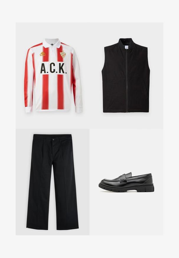 Gilet sans manches noir en tissu texturé, doté d'une fermeture éclair sur le devant, d'un col haut et de deux poches latérales. Design simple et fonctionnel.; Polo à manches longues, blanc avec des rayures verticales rouges, avec le lettrage noir "A.C.K." et le logo doré "Kappa" sur la poitrine gauche.; Pantalon noir droit avec fermeture à bouton et zip à l'avant, poches latérales et passants de ceinture sur un fond clair uni.; Mocassin en cuir noir avec une large sangle sur le devant, semelle en caoutchouc à épaisse rainure, et texture lisse. Design classique et élégant.