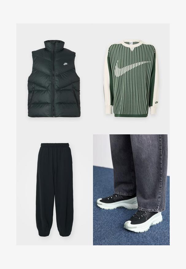 Polstret sort vest med høj krave, lynlås foran og to lynlåslommer i siderne; har Nike-logo på venstre brystområde.; Grøn og kremfarvet strikket sweater med lodrette striber, med en stor hvid Nike-logo, ribstrikkede manchetter og rund halsudskæring.; Sorte svedbukser med elastisk talje, løs pasform, afsluttede ankler, glat tekstur og uden synlige mønstre eller hardware-detaljer.; Sorte atletiske sko med et tekstureret stykke stof på overdelen, hvid mellemsål, sorte snørebånd og gummisål, parret med grå vide bukser.
