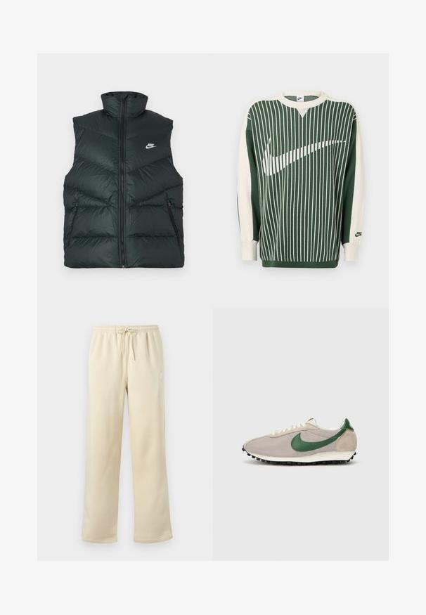 Gepolsterte schwarze Weste mit hohem Kragen, Frontreißverschluss und zwei seitlichen Reißverschlusstaschen; mit Nike-Logo auf der linken Brust.; Grüner und cremefarbener Strickpullover mit vertikalen Streifen, große weiße Nike-Logo, gerippte Bündchen und Rundhalsausschnitt.; Beige Sweatpants mit lockerem Schnitt, elastischem Bund und Kordelzug, mit kleinem weißen Nike-Logo auf dem linken Oberschenkel.; Beige Laufschuhe mit grünen Wildlederakzenten, strukturiertem Mesh-Obermaterial, cremefarbenen Schnürsenkeln und einer schwarzen Gummisohle mit Traktionsnoppen.