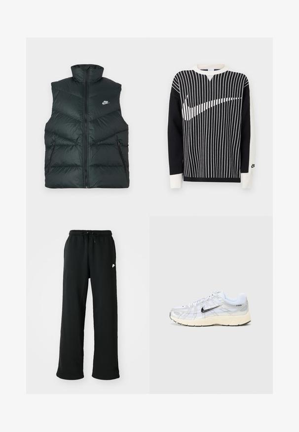 Gepolsterte schwarze Weste mit hohem Kragen, Frontreißverschluss und zwei seitlichen Reißverschlusstaschen; mit Nike-Logo auf der linken Brust.; Schwarz-weißes Langarmpullover mit vertikalen Streifen, die sich auf der Vorderseite zu einem großen Nike-Swoosh formen, und kleinem Nike-Logo am Bündchen des linken Ärmels.; Schwarze Jogginghose aus weichem Material, mit einem elastischen Bund und verstellbarem Kordelzug sowie einem kleinen Logo-Detail an der Seite.; Weiße Netzsneakers mit silbernen Akzenten, schwarzem Nike-Swoosh, gepolstertem Kragen und strukturiertem Sohlen. Sie weisen ein geschichtetes Design für Stabilität auf.