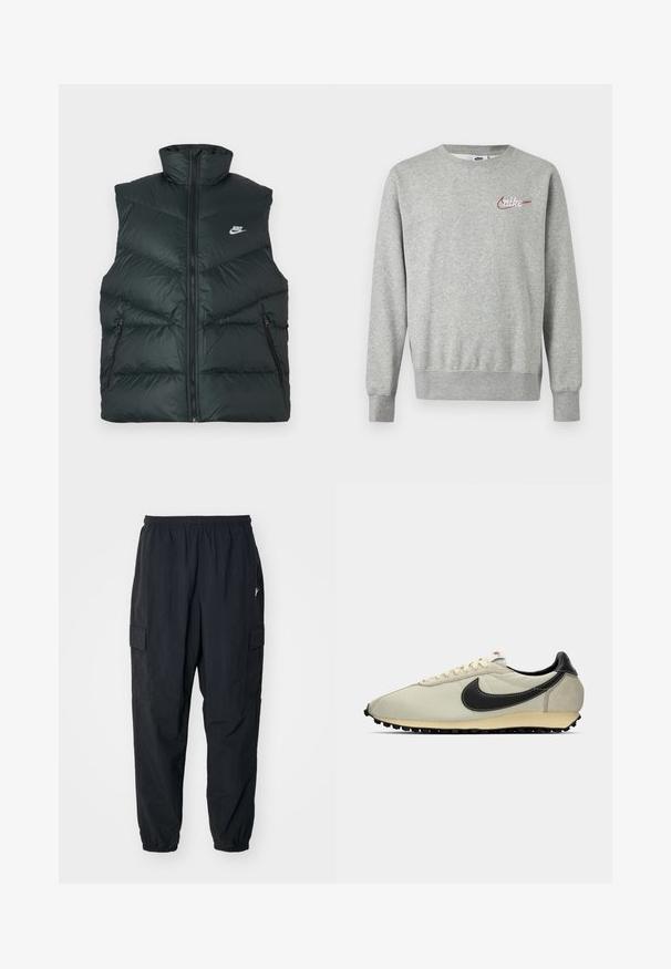 Gepolsterte schwarze Weste mit hohem Kragen, Frontreißverschluss und zwei seitlichen Reißverschlusstaschen; mit Nike-Logo auf der linken Brust.; Hellgraues Sweatshirt mit Rundhalsausschnitt, langen Ärmeln und kleinem roten und weißen Nike-Logo auf der linken Brust.; Schwarze Cargo-Hosen aus leichtem Material mit einem elastischen Bund, Seitentaschen und einer lockeren Passform mit elastischen Bündchen.; Beige Leinensneaker mit schwarzen Lederelementen, runder Spitze, flacher schwarzer Außensohle und weißen Schnürsenkeln. Hat ein auffälliges schwarzes Logo.