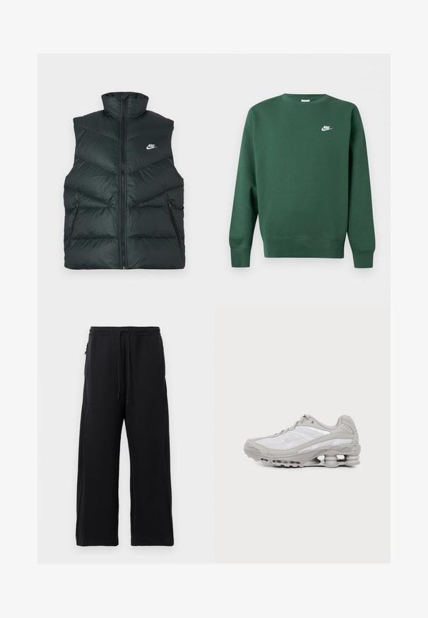 Mustast polsterdatud vest kõrge kraega, ees tõmblukk ja kaks tõmblukuga küljetaskut; vasakul rinnal Nike logo.; Tume roheline ümarseljaga dressipluus pikkade varrukatega ja vasakul rinnal väikese valge Nike logo.; Mustad mustad, pehmest kangast, tõmbluku ülesehitusega, laiad jalad ja küljetaskud, mis omavad siledat tekstuuri.; Hall-valge spordijalats nähtava õhkmadratsi ja võrgust detailidega, esitatud küljepildina lihtsal heledal taustal.