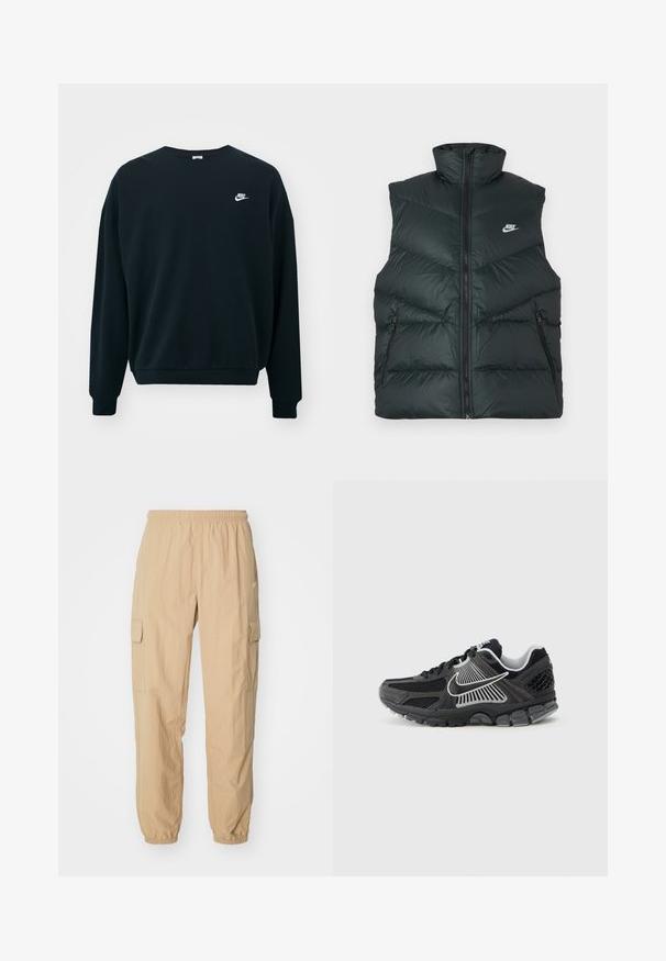 Mustast polsterdatud vest kõrge kraega, ees tõmblukk ja kaks tõmblukuga küljetaskut; vasakul rinnal Nike logo.; Must mustaga Nike pikendatud varrukatega, ümar kaelus ja soonikkoes mansetid. Vasakul rinnal on valge Nike logo.; Beežid cargo püksid, mis on valmistatud kergest kangast, elastse vöökoha, kahe külje tasku ja elastsete kinnitustega pahkluude juures.; Mustad spordijalats võrgust paneelide ja sünteetiliste detailidega. Omab ümarat varvast, paksu pehmendusega tallaplaati ning kontrastset valget logodetaili.