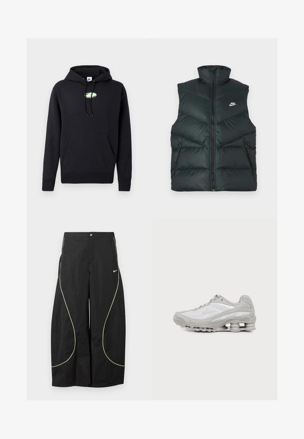 Gewatteerd zwart vest met hoge kraag, ritssluiting aan de voorkant en twee ritssluitingen aan de zijkanten; voorzien van het Nike-logo op de linkerborst.; Zwarte Nike hoodie met een zijzak aan de voorkant, een trekkoord in de capuchon en een klein lichtgroen ovaal logo in het midden van de borst.; Zwarte wijde Nike-broek met neon groene gebogen biezen en klein Nike-swoosh-logo op de rechterdij, knoop- en ritssluiting in de taille.; Grijze en witte sportschoen met zichtbare luchtkussenzool en meshpanelen, in profiel weergegeven op een eenvoudige lichte achtergrond.