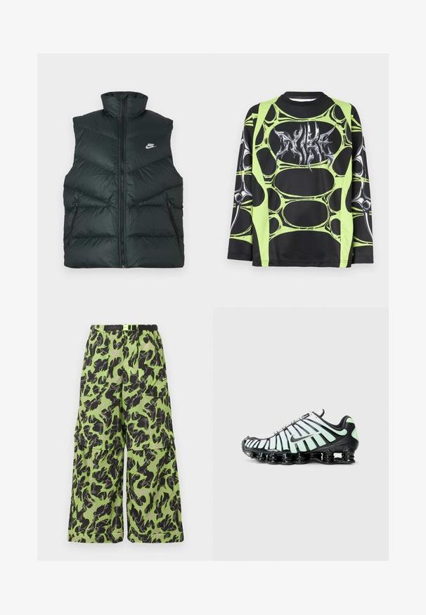 Gewatteerd zwart vest met hoge kraag, ritssluiting aan de voorkant en twee ritssluitingen aan de zijkanten; voorzien van het Nike-logo op de linkerborst.; Zwart sportshirt met lange mouwen en een groen abstract patroon, zilveren grafisch logo. Gemaakt van lichtgewicht, rekbaar materiaal.; Wijdvallende cargobroek in neon groen en zwart abstract camouflagemotief met meerdere zakken en een zwarte verstelbare riem.; Nike sportschoen met een zwart en mintgroen ontwerp, mesh bovenwerk met gebogen accenten en een opvallende zwarte dempingzool.