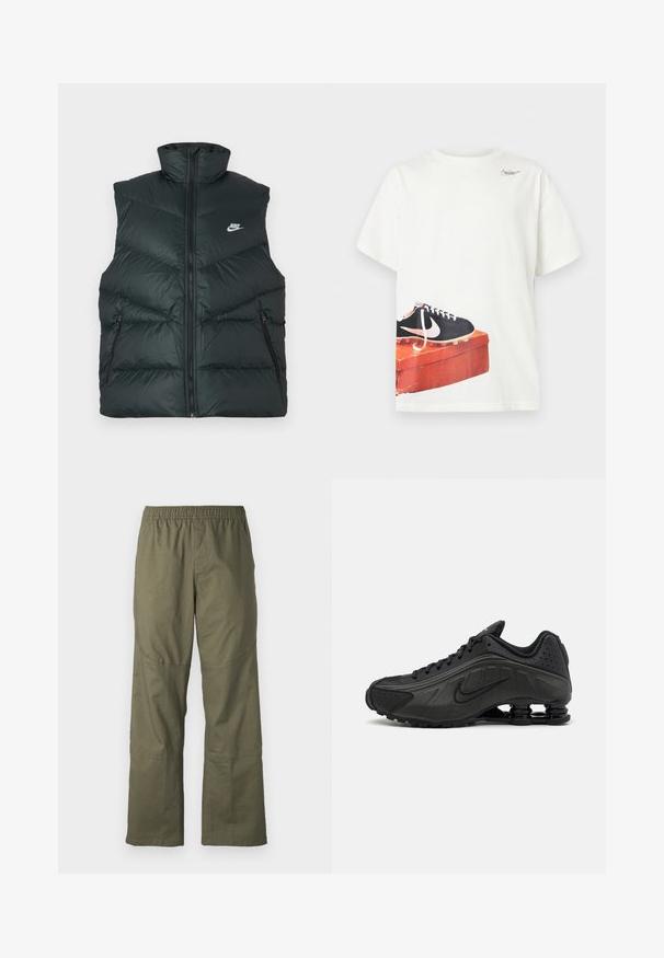Chaleco negro acolchado con cuello alto, cremallera frontal y dos bolsillos laterales con cremallera; cuenta con el logo de Nike en el área izquierda del pecho.; Camiseta blanca de manga corta con un dibujo impreso de una bota de fútbol negra de Nike sobre una caja de zapatos roja gastada cerca del dobladillo y un pequeño logo cerca del escote.; Pantalones cargo verde oliva con cinturilla elástica, piernas anchas y paneles en las rodillas, fabricados con un tejido duradero.; Zapatillas de running negras con un upper sintético liso, detalles perforados, paneles laterales texturizados y una suela distintiva y elástica.