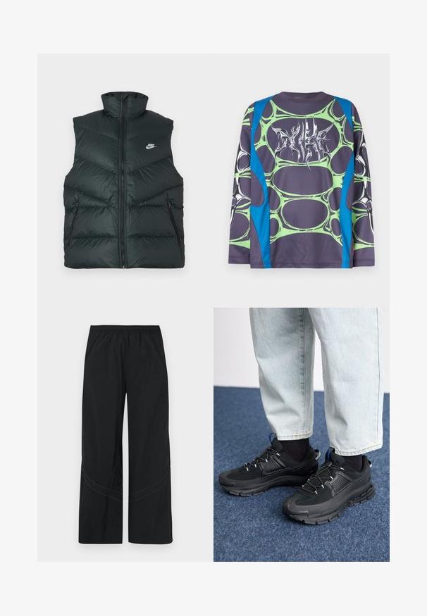 Polstret sort vest med høj krave, lynlås foran og to lynlåslommer i siderne; har Nike-logo på venstre brystområde.; Langærmet skjorte lavet af glat stof med en mørk grå bund, grønne bobleagtige mønstre og blå accenter. Fronten har en stiliseret hvid grafik.; Sorte bukser med vide ben lavet af letvægtsstof med elastisk talje og diskret buet syningsdetalje ved kanten.; Sorte træningssko med tekstureret stof og gummisåler, udstyret med elastiske snørebånd og en blå detalje på hælen. Bæres med lyse denimbukser.