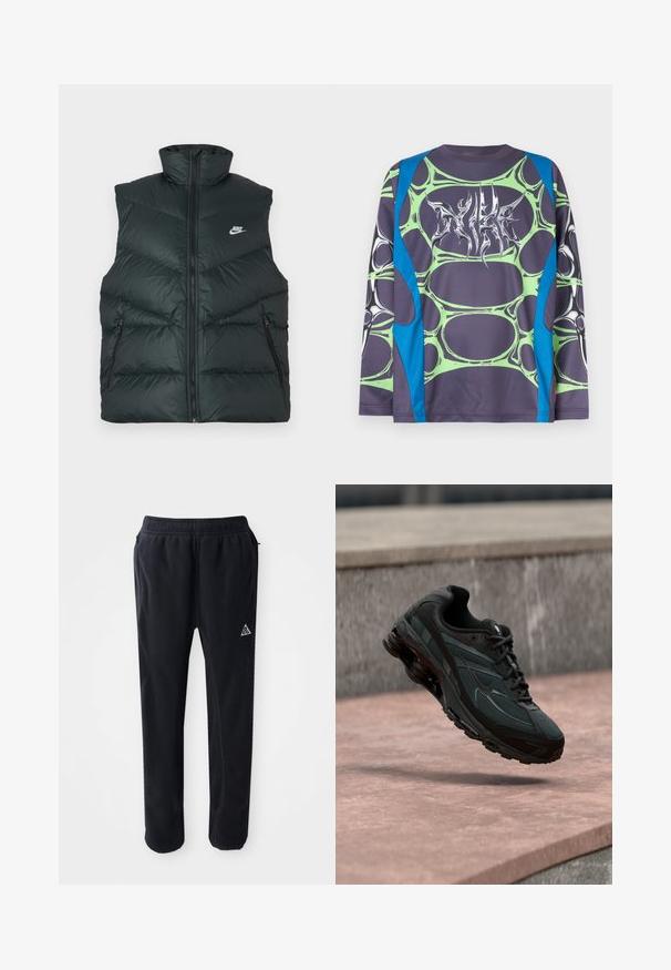 Mustast polsterdatud vest kõrge kraega, ees tõmblukk ja kaks tõmblukuga küljetaskut; vasakul rinnal Nike logo.; Pikkade varrukatega särk, valmistatud siledast kangast, tumedat halli alusvärvi, roheliste mullilaadsete mustrite ja siniste rõhuasetustega. Esiküljel on stiliseeritud valge graafika.; Mustad mustad atletikud pehmes, tekstureeritud materjalis, millel on elastne vöökoht, küljetaskud ja kolmnurkne logo aksent reie peal.; Must sportlik toss nähtava õhkpadi keskmise tallaga, hõljudes roosa kivipinna kohal, mille taustal on hall kivimüür.