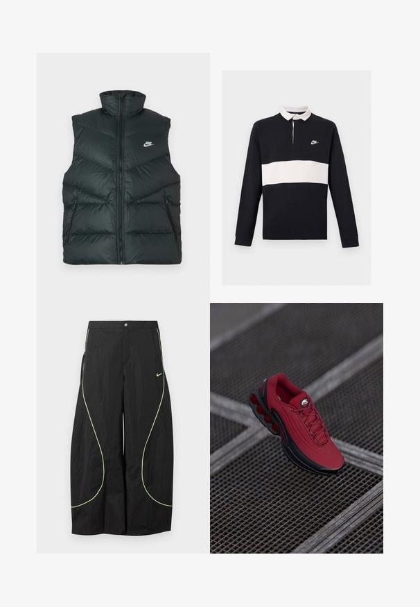 Gewatteerd zwart vest met hoge kraag, ritssluiting aan de voorkant en twee ritssluitingen aan de zijkanten; voorzien van het Nike-logo op de linkerborst.; Zwart rugby polo met lange mouwen, een witte horizontale streep over de borst, een witte kraag, knopenlijst en een klein wit Nike-logo op de linkerborst.; Zwarte wijde Nike-broek met neon groene gebogen biezen en klein Nike-swoosh-logo op de rechterdij, knoop- en ritssluiting in de taille.; Rode sneaker met een gestructureerde bovenkant, voorzien van zwarte accenten en een opvallend ontwerp van luchtkussensole. Veters en logo zijn zichtbaar aan de bovenkant.