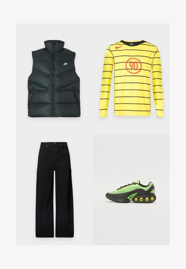 Polstret sort vest med høj krave, lynlås foran og to lynlåslommer i siderne; har Nike-logo på venstre brystområde.; Gul langærmet skjorte med sorte vandrette striber, udstyret med et rødt cirkeldiagram med "90" i midten og en sort halsudskæring.; Sorte bukser med brede ben lavet af bomuldsdenim, med høj talje, to forlommer foran og en sidelomme med cargo-stil for ekstra funktionalitet.; Nike sneakers med en mesh-overdel i lys grøn, sorte accenter og en karakteristisk sål med synlige gule luftbobler.