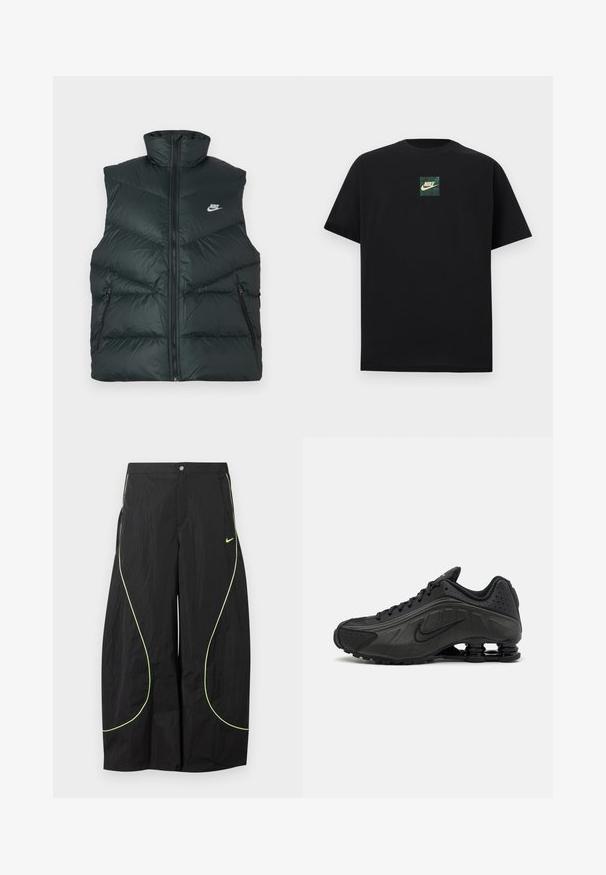 Chaleco negro acolchado con cuello alto, cremallera frontal y dos bolsillos laterales con cremallera; cuenta con el logo de Nike en el área izquierda del pecho.; Camiseta negra de manga corta con un pequeño cuadrado con el logo de Nike en verde y beige centrado en el pecho sobre un fondo blanco.; Pantalones anchos negros de Nike con ribete curvado en verde neón y pequeño logo de swoosh de Nike en el muslo derecho, cierre de botón y cremallera en la cintura.; Zapatillas de running negras con un upper sintético liso, detalles perforados, paneles laterales texturizados y una suela distintiva y elástica.
