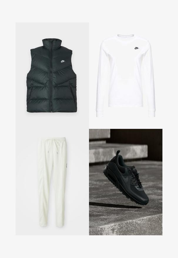 Mustast polsterdatud vest kõrge kraega, ees tõmblukk ja kaks tõmblukuga küljetaskut; vasakul rinnal Nike logo.; Valge pikkade varrukatega T-särk, mis on valmistatud puuvillast, vasakul rinnal on väike must Nike logo ja ümar kaelus. Sile tekstuur.; Valged kitsad jooksvapüksid elastse vöökoha ja paelaga, külgseamide detailide ja väikese musta plaastriga paremal jalal.; Must Nike Air Max toss paigas, hõljub tekstuurse betoonpõranda kohal, taga on betoonist trepid.