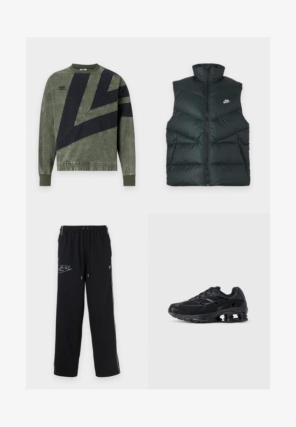 Gepolsterte schwarze Weste mit hohem Kragen, Frontreißverschluss und zwei seitlichen Reißverschlusstaschen; mit Nike-Logo auf der linken Brust.; Langärmliges, grün-schwarz color-blocked Sweatshirt mit gerippten Bündchen und Kragen, mit Umbro-Logo auf der linken Brust.; Schwarze Jogginghose mit elastischem Bund, zwei Seitenstreifen und weißem Grafiklogo. Hergestellt aus strukturiertem Stoff, mit Belüftungsöffnungen an den Knöcheln.; Schwarzer Sportschuh mit Obermaterial aus Mesh, gepolstertem Kragen und hervorgehobener Dämpfungstechnologie an der Ferse. Verfügt über strukturierte Akzente und Schnürsenkel.