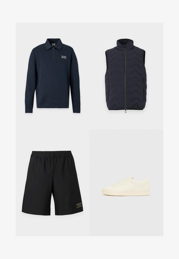 Veste sans manches noire matelassée avec col montant, fermeture éclair à l'avant et deux poches latérales zippées.; Pull bleu marine à manches longues avec col à fermeture éclair partielle et petit logo EA7 Emporio Armani sur la poitrine gauche.; Shorts de sport noirs en tissu texturé, dotés d'une taille élastique avec un cordon de serrage et d'un petit logo doré sur le côté inférieur.; Baskets couleur crème avec une tige en cuir lisse, bout arrondi, laçage à l'avant et semelle en caoutchouc texturée. Design minimaliste, sans logo.