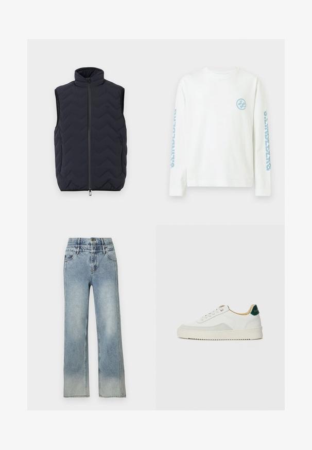 Veste sans manches noire matelassée avec col montant, fermeture éclair à l'avant et deux poches latérales zippées.; Chemise blanche à manches longues avec un logo circulaire bleu clair sur la poitrine gauche et le mot "ORIGINALS" imprimé verticalement en bleu clair sur les deux manches.; Jean bleu clair taille haute à jambes droites avec poches avant, fermeture par bouton et zones subtilement délavées sur les cuisses et les jambes.; Baskets blanches avec des accents en daim, bout arrondi, lacets plats et semelle en caoutchouc crème. Présente une marque verte sur le talon.