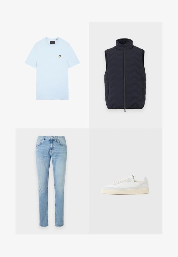 Veste sans manches noire matelassée avec col montant, fermeture éclair à l'avant et deux poches latérales zippées.; T-shirt en coton bleu clair avec col rond, arborant un petit logo d'oiseau jaune brodé sur le côté gauche de la poitrine. Manches courtes, couleur unie.; Jean slim en denim bleu clair avec bouton devant, fermeture éclair et design classique à cinq poches sur fond blanc uni.; Baskets blanches avec dessus en daim et cuir texturé. Caractérisées par un bout arrondi, une fermeture à lacets et une semelle en caoutchouc beige contrastante.