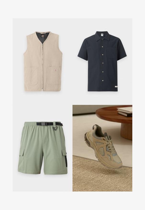 Veste de travail sans manches beige avec fermeture éclair frontale, deux grandes poches avant et doublure intérieure noire.; Chemise bleu marine à manches courtes avec boutons, poche poitrine à l'avant et petite étiquette blanche en tissu près de l'ourlet sur fond blanc.; Short cargo vert clair avec taille élastique, ceinture noire réglable et poches latérales à rabat avec détail en mesh sur un côté.; Baskets de sport beige et grises avec des détails en mesh et en daim, flottant au-dessus d'un tapis tissé à côté d'une table basse en bois avec des livres.