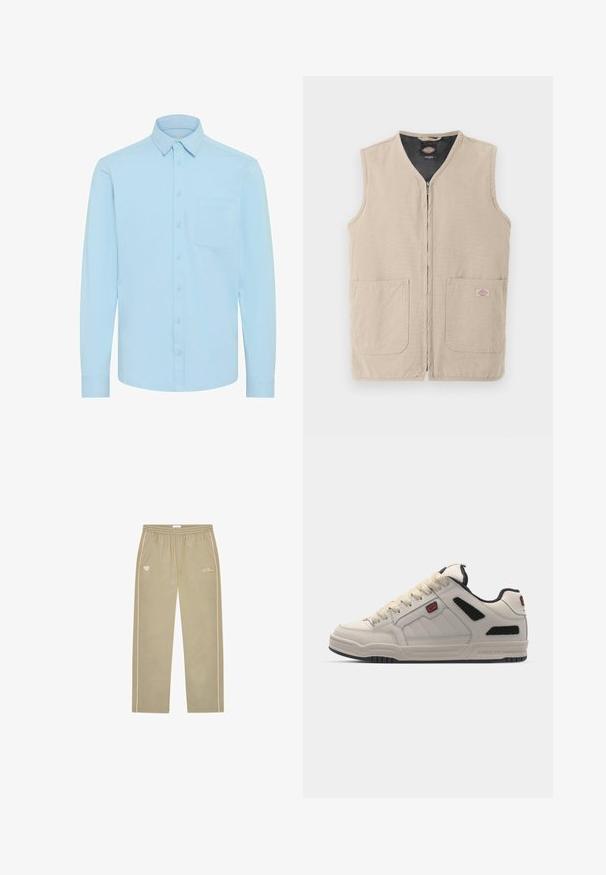 Beige ärmellose Arbeitsweste mit Frontreißverschluss, zwei großen Fronttaschen und schwarzem Innenfutter.; Hellblaues Hemd mit langen Ärmeln, klassischem Kragen und einer Brusttasche. Hergestellt aus einem glatten Stoff mit einem schlichten Design.; Hellbeige Jogginghose mit weicher Textur, ausgestattet mit einem Kordelzug am Bund, weißen Seitenstreifen und besticktem Logo.; Weiße Ledersneaker mit schwarzen Mesh-Akzenten, runder Spitze, dicker Sohle, kontrastierenden Nähten und auffälligem Logo an der Seite.