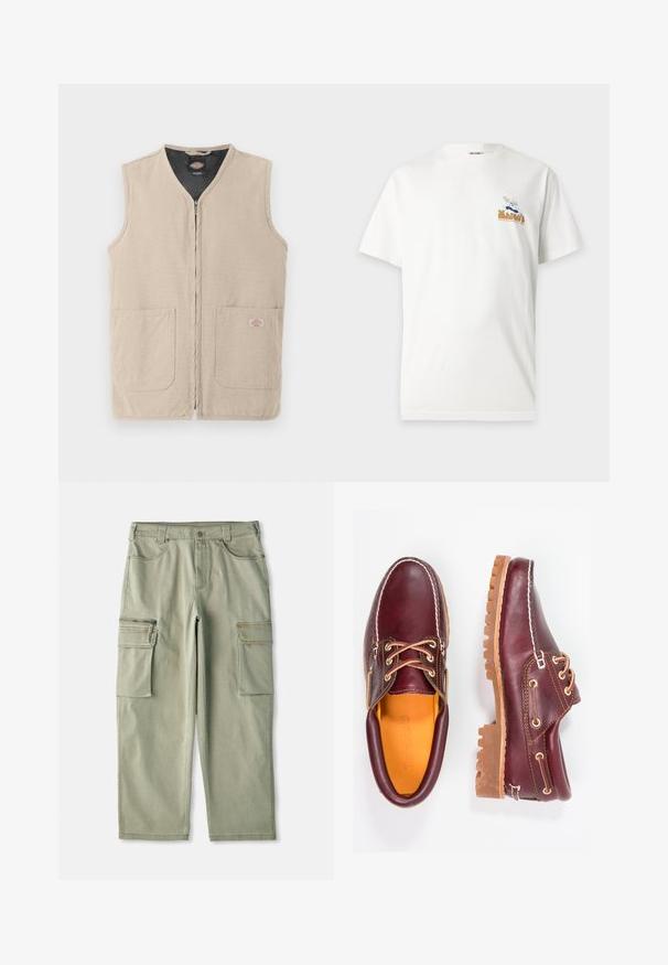 Beige ærmeløs arbejdsvest med lynlås foran, to store forlommer og sort inderfor.; Hvid t-shirt med korte ærmer med lille grafik af en kok, der holder en pizza, og teksten "Marco's" på venstre brystområde.; Khawaii cargo bukser med løs pasform, fremstillet af bomuld, med to sidelommer til cargo og en lynlås lomme på venstre ben.; Bordeaux lædersko med brune gummisåler, rund tå, hvid syning og gyldne snøringer. Indersiden har et gult for.