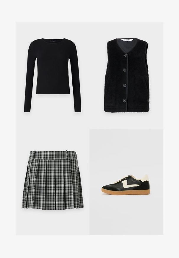 Chaleco de forro polar negro con escote en V, cierre frontal de cinco botones y dos bolsillos laterales. Textura suave con tela contrastante a lo largo de los bordes.; Camiseta de manga larga de punto negro con escote redondo. Hecha de una tela suave y elástica, presenta una silueta ajustada y detalles mínimos.; Falda plisada de cuadros en blanco y negro con una cintura suave y múltiples pliegues verticales. Fabricada en un tejido ligero.; Zapatillas de deporte de ante y cuero negro con un swoosh lateral en crema y un talón en crema claro. Presenta cordones beige y una suela de goma marrón.