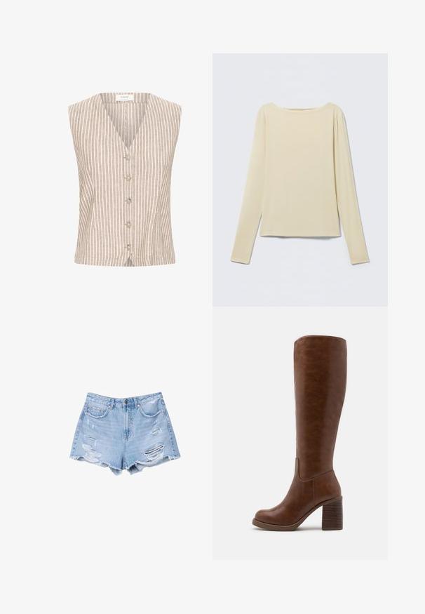 Ærmeløs beige vest med lodrette hvide striber, V-hals og fem beige knapper ned foran.; Beige langærmet tætsiddende top med bådudskæring, vist fladt på en lys baggrund.; Lyseblå denimshorts med frynsetkant og slidte detaljer, med forlommer og knaplukning.; Brune knæhøje støvler lavet af glat kunstlæder, med spids tå, blokhæl med lodrette riller og et minimalistisk design.