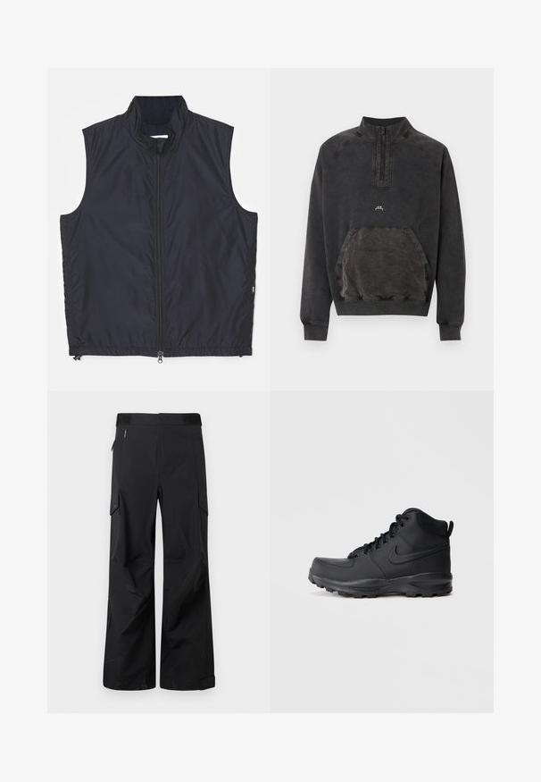Schwarze ärmellose Weste mit hohem Kragen, Reißverschluss vorne, aus leichtem Stoff, mit glatter Textur und simplem Design.; Schwarzes Sweatshirt mit halbem Reißverschluss, Kängurutasche, gerippten Bündchen und Saum sowie kleinem "A C W" Logo auf der Brust.; Schwarze Cargo-Hosen aus einem glatten, wasserabweisenden Stoff. Merkmale sind weit geschnittene Beine, mehrere Seitentaschen und ein flacher Bund mit dezentem Branding.; Schwarze High-Top-Sneaker mit einem glatten synthetischen Obermaterial, runder Zehenpartie, gepolstertem Schaft und strukturiertem Gummisohle. Verfügt über ein Schnürdesign und ein Logo-Element.