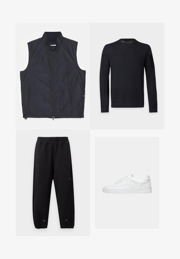 Gilet sans manches noir avec un col haut, fermeture éclair à l'avant, fabriqué à partir d'un tissu léger, avec une texture lisse et un design simple.; Pull noir à manches longues avec col rond, motif texturé subtil, poignets et ourlet côtelés, présenté sur un fond uni gris clair.; Pantalon de jogging noir avec taille et poignets élastiques, coupe slim, détails de couture discrets et petit logo blanc près des chevilles et de la cuisse.; Baskets basses blanches avec un design à lacets, dessus en cuir lisse et semelle épaisse, montrées de profil sur un fond uni.