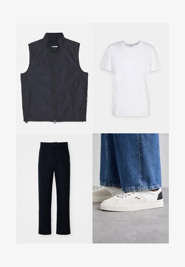 Sort ærmeløs vest med høj krave, lynlås foran, lavet af letvægtsstof, med en glat tekstur og enkelt design.; Hvid kortærmet t-shirt lavet af bomuld. Har en rund halsudskæring og en afslappet pasform uden synlige mønstre eller detaljer.; Mørkeblå bukser lavet af bomuld, med en lige ben-design, en frontknaplukning og en klassisk talje med bæltestropper.; Hvide og sorte sneakers med en glat læderoverdel, teksturerede detaljer og en kraftig hvid sål. Har et klassisk snørebåndsdesign.