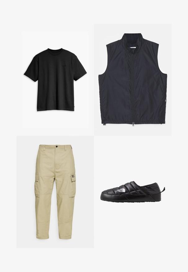 Gilet sans manches noir avec un col haut, fermeture éclair à l'avant, fabriqué à partir d'un tissu léger, avec une texture lisse et un design simple.; T-shirt en coton noir avec col rond et manches courtes. Doté d'un logo discret à l'avant et d'un ourlet droit. Design simple et minimaliste.; Pantalons cargo beiges en tissu durable, avec deux poches latérales, une fermeture à bouton, et des jambes fuselées avec une texture lisse.; Chaussure noire à enfiler avec un design matelassé, fabriquée en matériau rembourré. Elle présente une semelle en caoutchouc texturée et une petite languette à l'arrière.