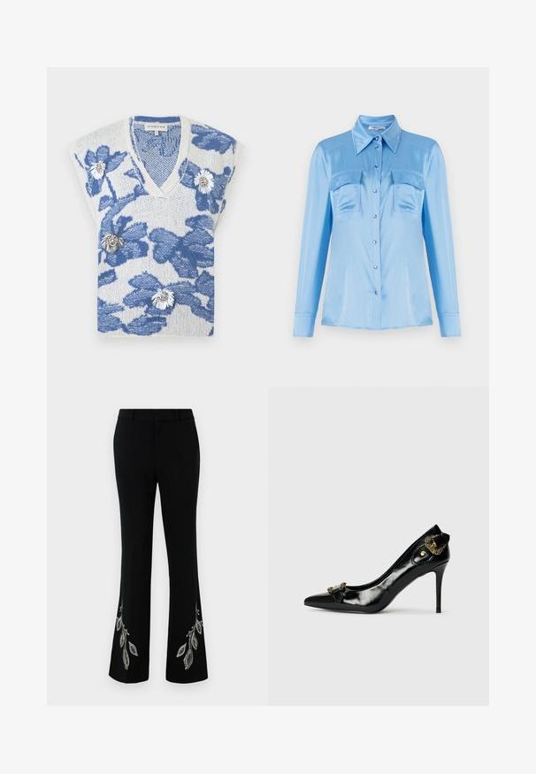 Biely pletený bezrukávnik s modrými kvetinovými vzormi a dekoratívnymi bielymi a striebornými kvetinovými pripínačkami vpredu.; Svetlomodrá saténová košeľa na gombíky s dlhými rukávmi, dvoma prednými vreckami a špicatým golierom. Obsahuje perleťové gombíky a hladkú textúru.; Čierne rozšírené nohavice so vyšívaným strieborným listovým vzorom na leme. Vyrobené z hladkej látky s prispôsobeným pásom a úzkym strihom.; Čierna lakovaná kožená vysoká päta s špicatou špičkou, detailom mašle na prednej strane a dekoratívnym akcentom zlatého kovu vzadu.