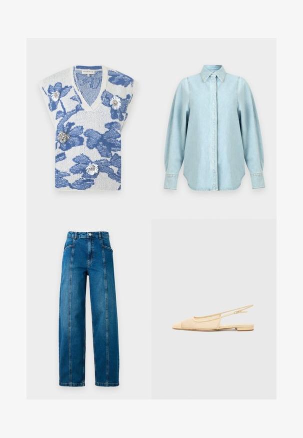 Witte gebreide mouwloze trui met blauwe bloemmotieven en decoratieve witte en zilveren bloemspelden aan de voorkant.; Lichtblauw denim overhemd met lange pofmouwen, puntige kraag, met knopen gesloten manchetten en een verborgen knopenbies aan de voorkant.; Hoge taille blauwe spijkerbroeken met wijde pijpen, verticale naden aan de voorkant, zijzakken, riemlussen en een knoopsluiting.; Slingback ballerina in lichtbeige met een mesh bovenwerk, spitse neus en een lage hak. Voorzien van een verstelbare band voor een goede pasvorm.