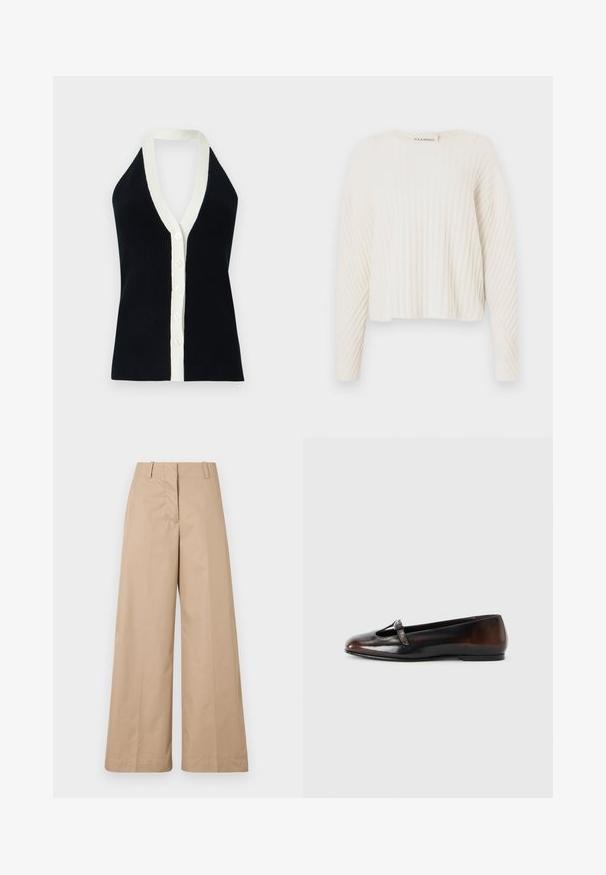 Sort ribbet haltertop med hvid kant langs dyb V-hals og knapper foran, ærmeløs design mod lys baggrund.; CLOSED CREW NECK - Striktrøje - ecru; Beige bredde benbukser lavet af blødt bomuldsstof, med en skræddersyet talje og flad front, designet til en afslappet pasform og rene linjer.; Brune læder flad sko med rund tå og en midterrem. Glat tekstur med en let blank finish. Slank, minimalistisk design.