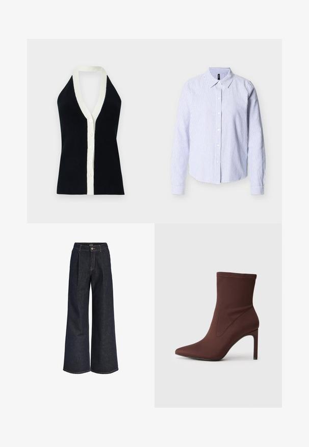 Top halter negro acanalado con ribete blanco a lo largo del escote en V profundo y frente con botones, diseño sin mangas sobre fondo claro.; Camisa de manga larga con botones, con rayas verticales azules y blancas y cuello puntiagudo, presentada sobre un fondo blanco liso.; Jeans de mezclilla de pierna ancha en azul oscuro con pliegues, cierre de botón y trabillas para cinturón, mostrados sobre un fondo blanco.; Botín de tobillo de tela elástica marrón con punta afilada y tacón de aguja de 10 cm. Costuras a lo largo de los lados, textura suave y sin cierres visibles.