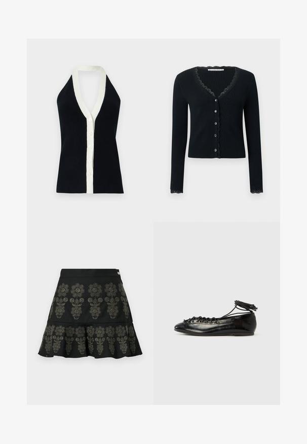 Haut dos-nu côtelé noir avec bord blanc le long du profond décolleté en V et patte de boutonnage à l'avant, design sans manches sur fond clair.; Cardigan noir côtelé avec manches longues, doté d'un col en V et d'un bord en dentelle le long du col et des poignets. Fermeture devant avec six boutons.; Jupe noire avec broderie florale en gris foncé. Elle présente un ourlet évasé et une taille structurée avec une fermeture à pression métallique.; Ballerines en cuir verni noir avec un bout rond, un design à lacets et une semelle plate. Texture lisse avec peu de détails.