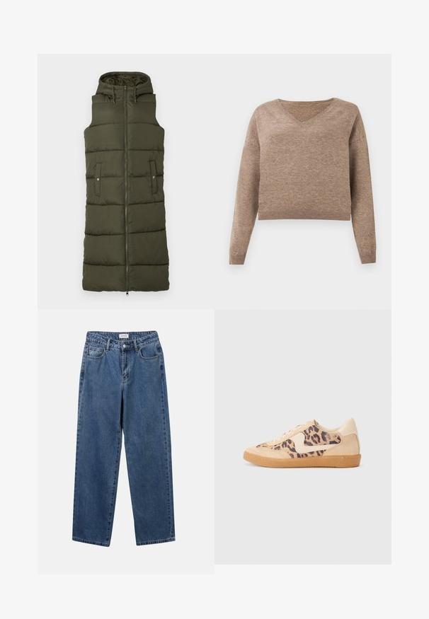 Olijf groene gewatteerde vest met een capuchon, volledige ritssluiting aan de voorkant en twee zijzakken. Kenmerkt zich door horizontale stiksels en een gladde textuur.; Lichtbruin gebreid sweater met een V-hals, lange mouwen en geribbelde zoom. Zachte textuur met een iets korter ontwerp en geen zichtbare patronen.; Klassieke blauwe denim jeans met een rechte pijp, vijf zakken en een knoopsluiting. Heeft een middelgrote wasbeurt en stevige textuur.; Luipaardprint sneakers met een beige suède bovenkant, tan rubberen zool en witte accenten. Ronde neus en vetersluiting met een gestructureerde afwerking.