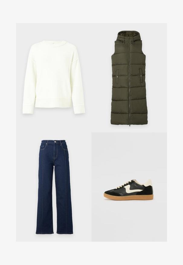 Gilet rembourré vert olive avec capuche, fermeture éclair sur toute la longueur à l'avant et deux poches latérales. Présente des coutures horizontales et une texture lisse.; Pull en tricot blanc avec épaules tombantes, poignets et ourlet côtelés. Texture douce, design à col rond et coupe décontractée.; Jean large en denim bleu foncé avec des coutures visibles, taille haute et cinq poches. Présente une fermeture à bouton et à glissière à l'avant.; Baskets en daim et cuir noir avec un swoosh latéral crème et un talon crème clair. Dotées de lacets beige et d'une semelle en caoutchouc gomme.