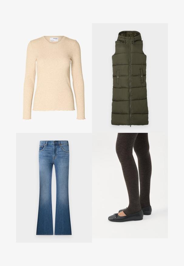Olijf groene gewatteerde vest met een capuchon, volledige ritssluiting aan de voorkant en twee zijzakken. Kenmerkt zich door horizontale stiksels en een gladde textuur.; Beige geribbelde gebreide top met lange mouwen, ronde halslijn en subtiele golvende randen aan manchetten en zoom.; Blauwe spijkerbroek met hoge taille, voorvakken, knoop- en ritssluiting, en uitlopende pijpen.; Benen met donkere geribbelde leggings gecombineerd met zwarte ballerina's met kleine strikdetails op een witte achtergrond.