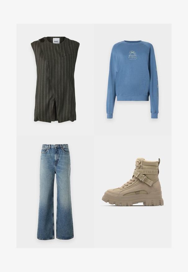 Gilet sans manches, vert foncé avec des rayures verticales blanches, fermeture à bouton unique et poche poitrine ; présente un design à fente à l'avant.; Sweatshirt bleu à col rond en tissu doux. Il arbore un design graphique sur le devant avec du texte et des motifs solaires sur les manches.; Jean en denim bleu clair avec taille haute, coupe ample, léger délavage et coutures contrastantes ; présente des poches avant et une fermeture à bouton.; Bottes montantes beiges en matériau synthétique, avec une semelle épaisse, des accents en tissu texturé et une sangle avec un logo.