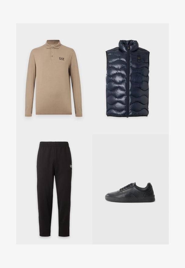 Veste matelassée sans manches bleu marine avec fermeture éclair avant et col montant, présentée à plat sur un fond clair.; Polo beige à manches longues avec trois boutons et un petit logo noir "EA7 Emporio Armani" sur le côté gauche de la poitrine.; Pantalon de survêtement noir à taille élastique, jambes fuselées, avec un petit logo blanc sur la partie supérieure de la cuisse gauche.; Chaussure de sport en cuir noir avec une finition lisse, bout arrondi, panneau latéral texturé et lacets noirs. Présente une semelle en caoutchouc plate et un design minimaliste.