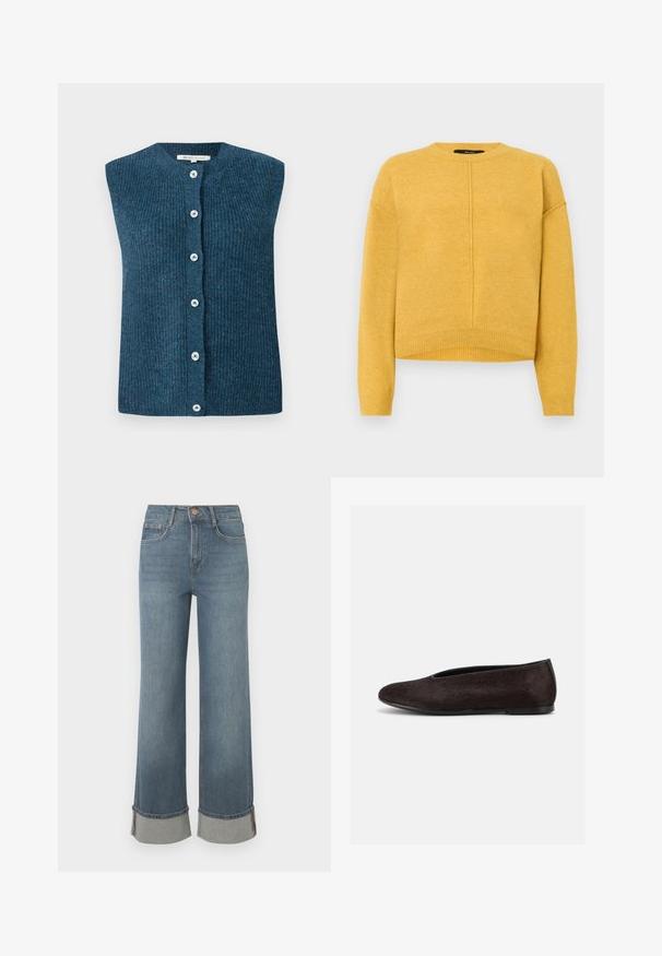 TOM TAILOR DENIM SOFT VEST - Vest - dark sea petrol; Kollane kudumärkiga sall, millel on ümar kaelus, langetatud õlad ja soonikkoes allserv. Pehme tekstuur ja lihtne, sirge lõige.; Laiad sinised denimpüksid, millel on kõrge vöökoht, mansetiga sääred halli aktsendiga, viie taskuga disain ja esine nupuga sulgemine.; Mustad tasas balletikingad ümarate varvaste ja siledalt, kergelt tekstuurse pealiskihiga, vaadatuna küljelt tavalise heleda tausta peal.