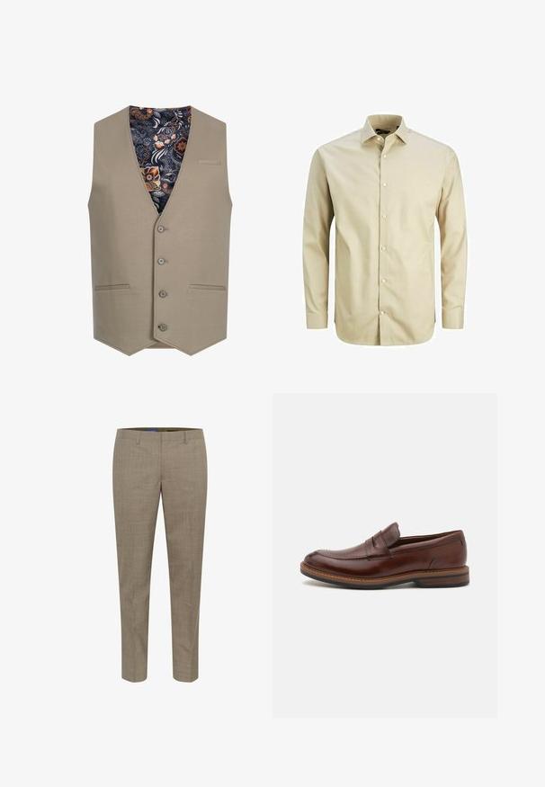 Beige vest med V-udskæring, fem frontknapper og to lommer. Inderforet har et farverigt blomster- og paisley-mønster.; Beige langærmet skjorte med knapper lavet af glat stof, med spidse kraver, frontplacket med knapper og en skræddersyet pasform.; Beige skræddersyede bukser med et subtilt ternet mønster, lige ben, forlommer og en glat stoftekstur.; Brune læder loafers med en glat overflade, der har et syet design, en slip-on stil og en struktureret gummisål for bedre greb.
