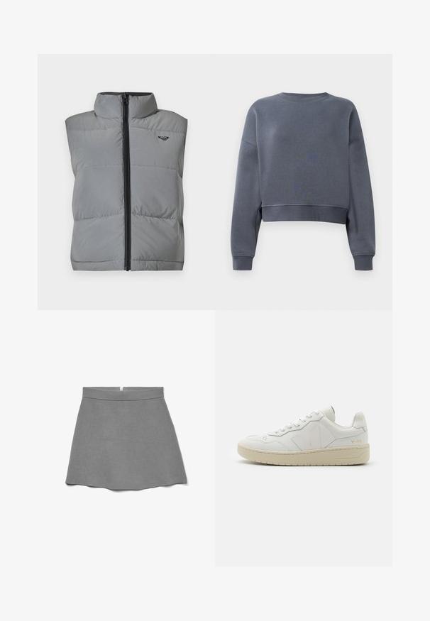 Mouwloze grijze gewatteerde vest met hoge kraag, zwarte rits aan de voorkant en klein zwart logo op de bovenste linkerborst.; Grijze cropped sweatshirt gemaakt van zacht fabric met een ronde hals, geribbelde mouwen en een subtiele textuurpatroon op de voorkant.; Grijze rok van zachte stof, met een hoge taille, uitlopende vorm en een verborgen rits aan de achterkant.; Witte leren sneakers met geperforeerde teendoos, contrasterende beige rubberen zool en logo-accenten op de zijkant en hiel. Minimalistisch ontwerp.