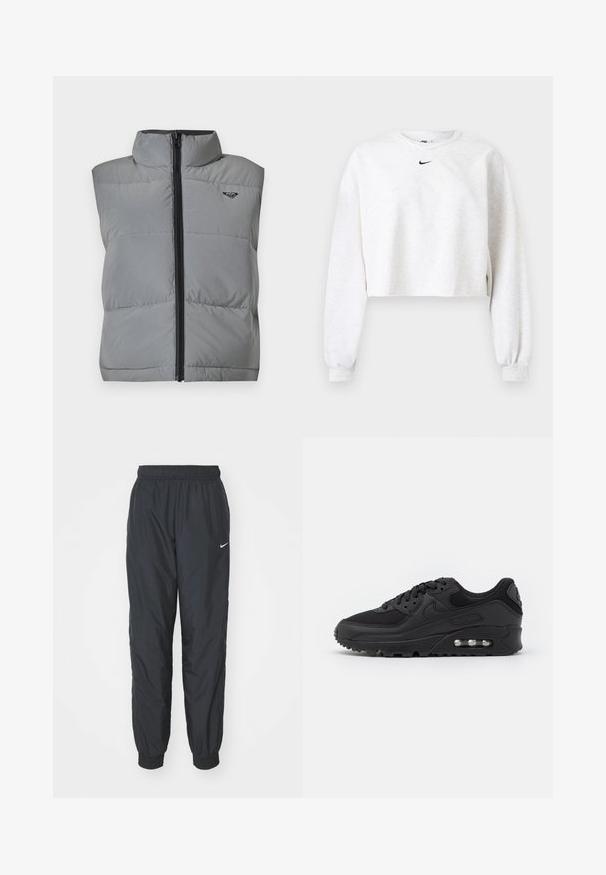 Ærmeløs grå polstret vest med høj krave, sort lynlås foran og lille sort logo på venstre øverste bryst.; Kroppet sweatshirt i lysegrå, lavet af blødt stof. Har rund hals, lange ærmer med elastiske manchetter og et sort Nike-logo over brystet.; Sorte Nike træningsbukser lavet af letvægtsstof, med elastisk talje og mansjetter, samt et lille hvidt logo på venstre ben.; Sort atletisk sneakers med en glat læder- og mesh-overdel, rund tå, teksturerede detaljer og en synlig luftenhed i sålen.