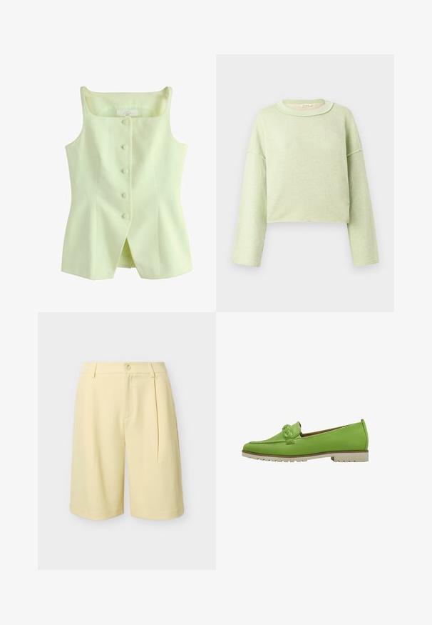Ærmeløs lysegul hørtop med firkantet halsudskæring og fem knapper beklædt med stof ned foran.; Lysegrøn cropped sweatshirt med lange ærmer, rå kantdetaljer og rund halsudskæring på en ensfarvet baggrund.; Lysegule skræddersyede shorts med knaplukning, bæltestropper, frontplissering og knælængde på en ensfarvet baggrund.; Grønne læder loafers med en fletaccent foran, flad hvid sål og glat overflade med et lavprofil design.